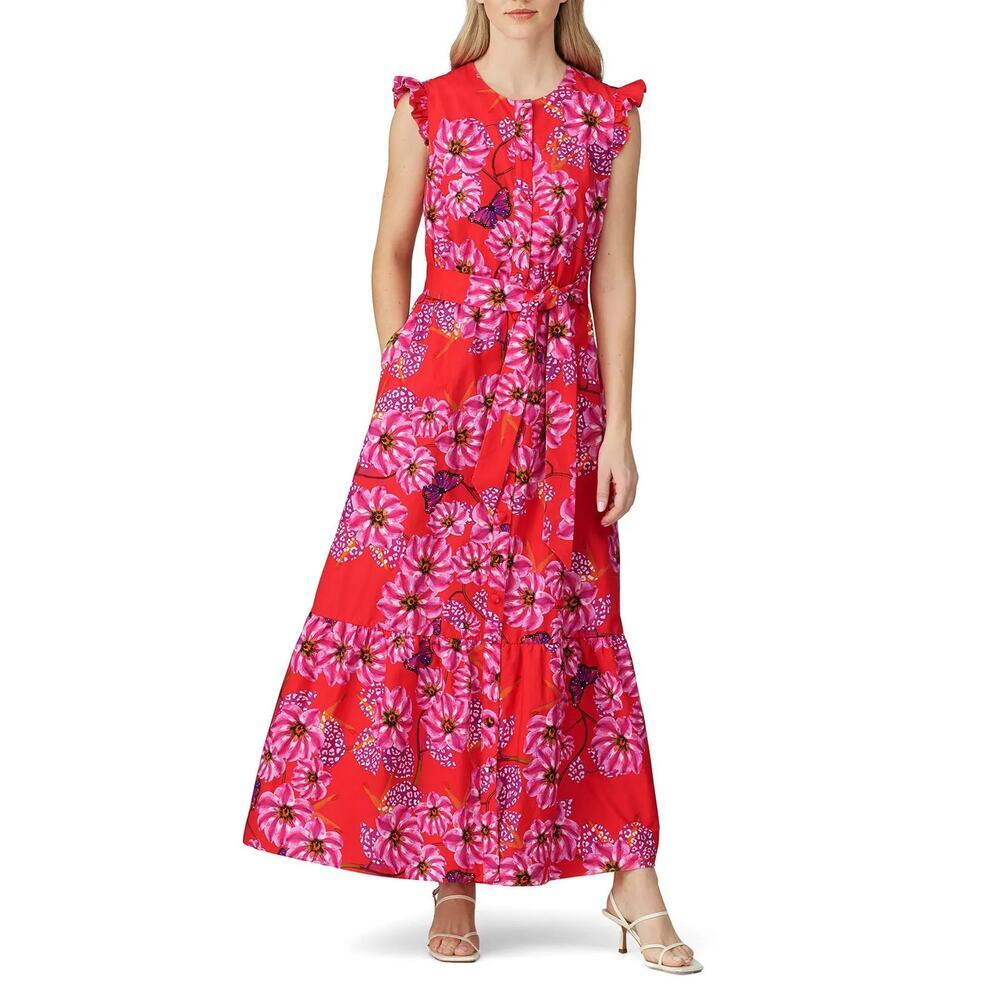 Borgo de Nor Gabrielle Dress Floral Cotton Flutter Sleeve Maxi A-Line Red Pink 6